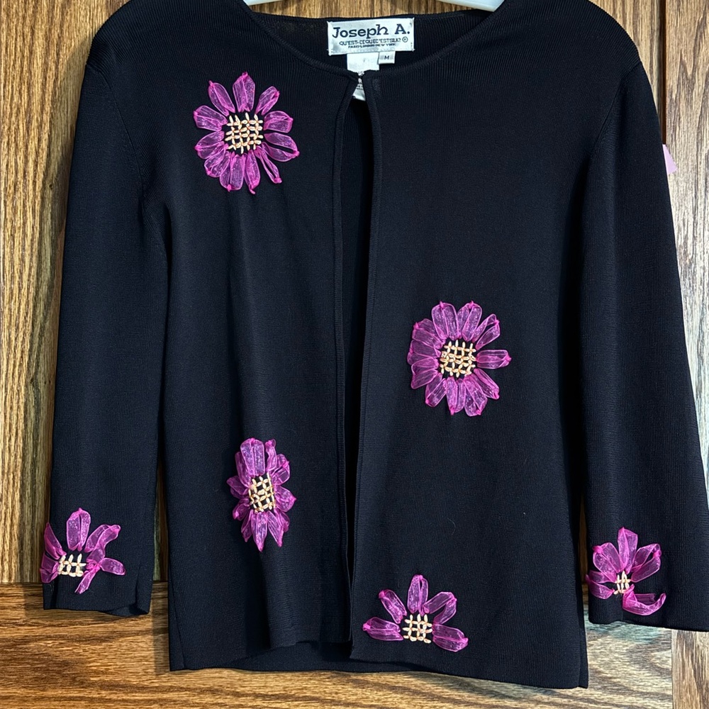 VINTAGE: Joseph Black Cardigan with Pink Floral Detail